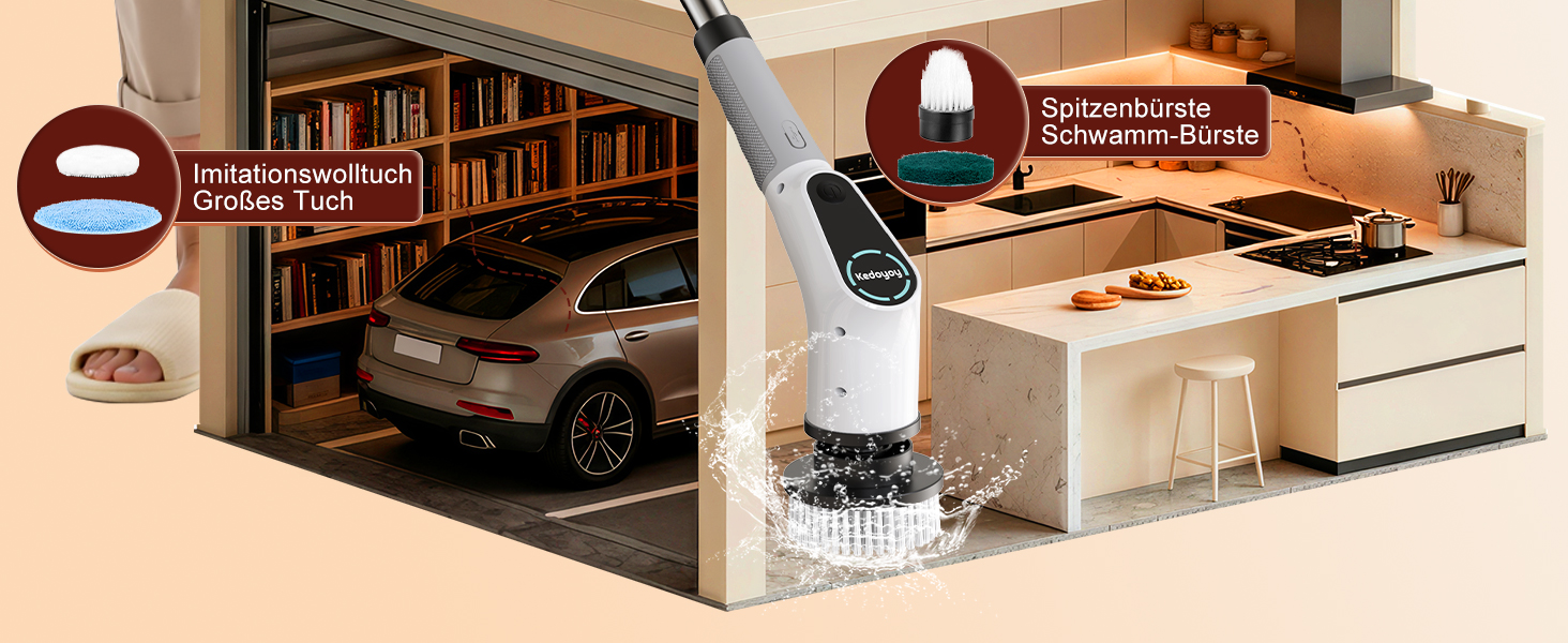 Електрична щітка для прибирання 8-в-1 з набором насадок, для ванної, кухні, авто, підлоги (червона)