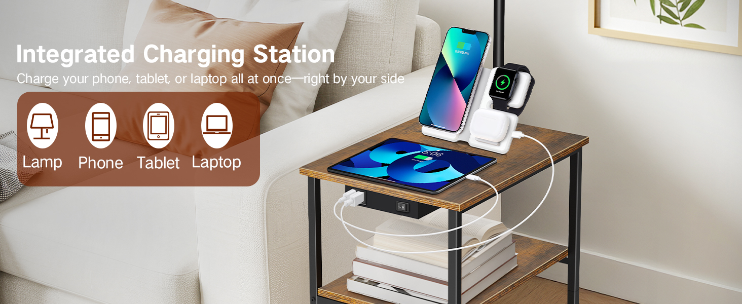 Стійка лампа для вітальні з поличкою та столом, регульована LED лампа з пультом, 3 колірні температури, приліжний столик з функцією зарядки та полицею, дерев'яний столик для спальні, офісу, коричневий в стилі рустік