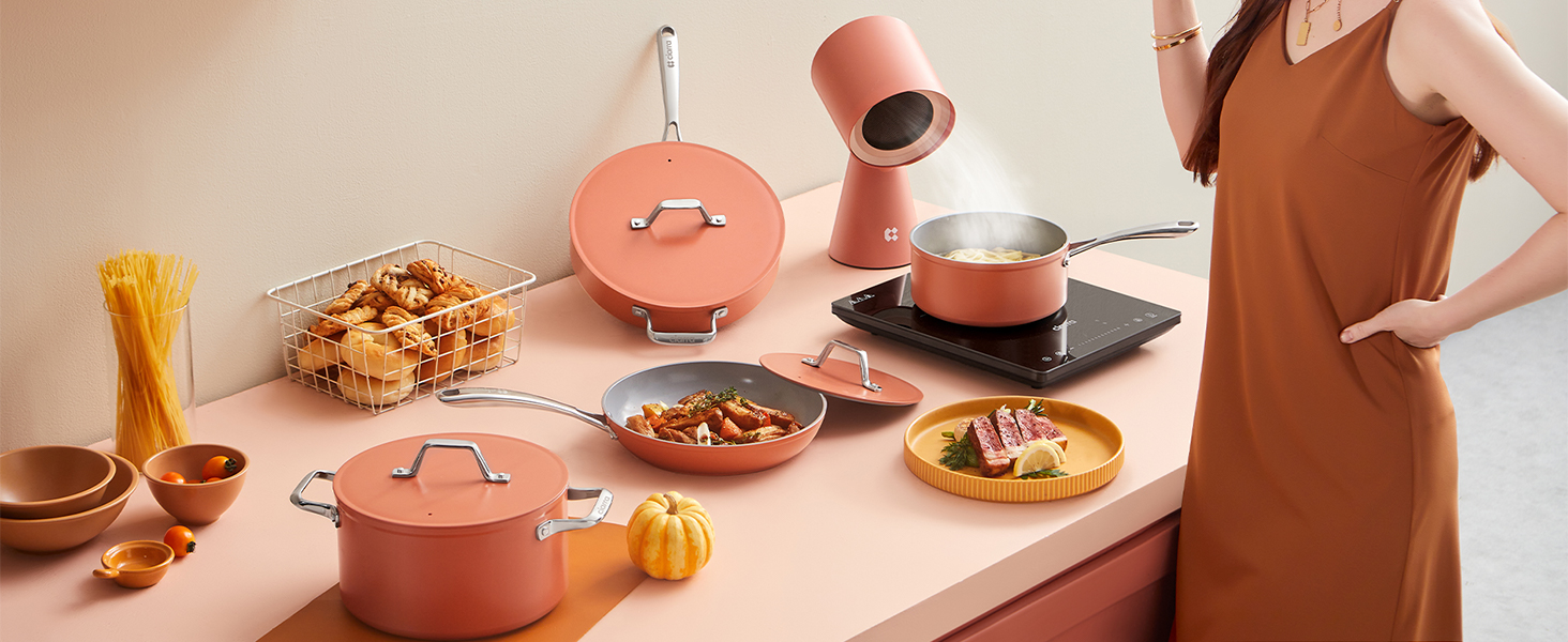Ciarra Induction Cookware Set - 4 Piece Ceramic Nonstick Pots and Pans Set - Pink/Orange