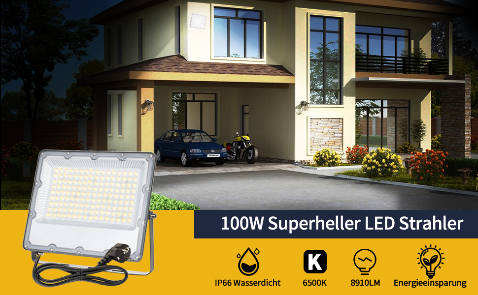 Комплект з 2 LED прожекторів 100Вт, 8910Лм, 6500К, IP66, для вуличного освітлення, водонепроникний, з вилкою, для безпеки, двір, сад