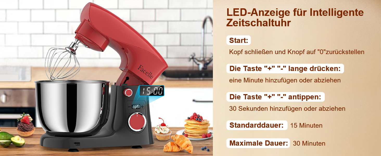 Кухонна машина-міксер Facelle 1500W з 5.5L та 4.5L чашами, 10+ програм, тиха робота, з набором насадок (червоно-сіра)