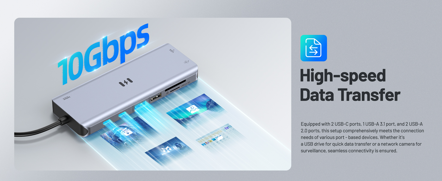 Док-станція USB-C для 4 моніторів: 13 в 1, 10Gbps, 100W PD, Ethernet, SD/TF, USB-A/C Hub для MacBook, Dell, HP (2 HDMI, DisplayPort, VGA)