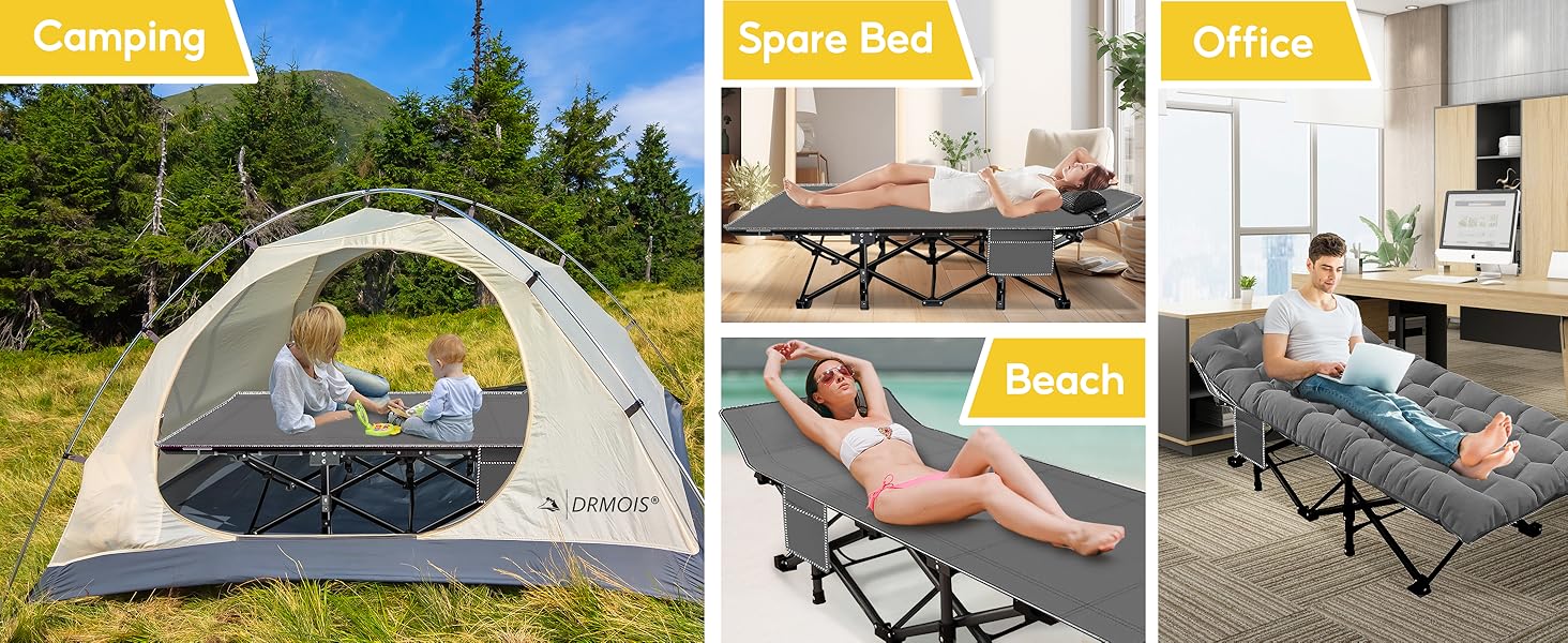 Розкладне ліжко для кемпінгу DRMOIS: велике (XXL), 81 см, вантажопідйомність 400 кг, з ізольованим килимком, сіре