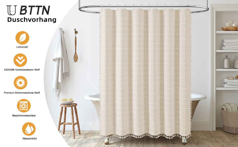 Шторка для душу BTTN 182x180 см, бохо-фермерський стиль, льонова тканина, з бахромою, водовідштовхувальна, з вантажами, комплект з 12 гачками, бежевий/кремовий, сітка