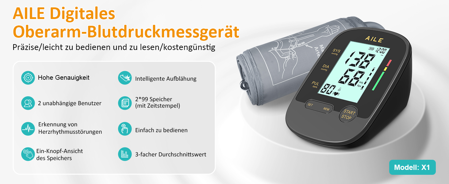 Тонометр AILE на плече для дому, цифровий з регульованою манжетою (22-42 см), автоматичний, для вимірювання артеріального тиску