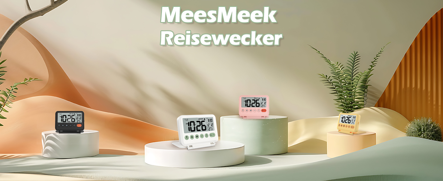 Цифровий годинник-будильник MeesMeek для подорожей: 2 рівні освітлення та гучності, 12/24 год, календар, температура, режим вихідних та відкладений старт, складаний, на батарейках, міні-годинник (білий)