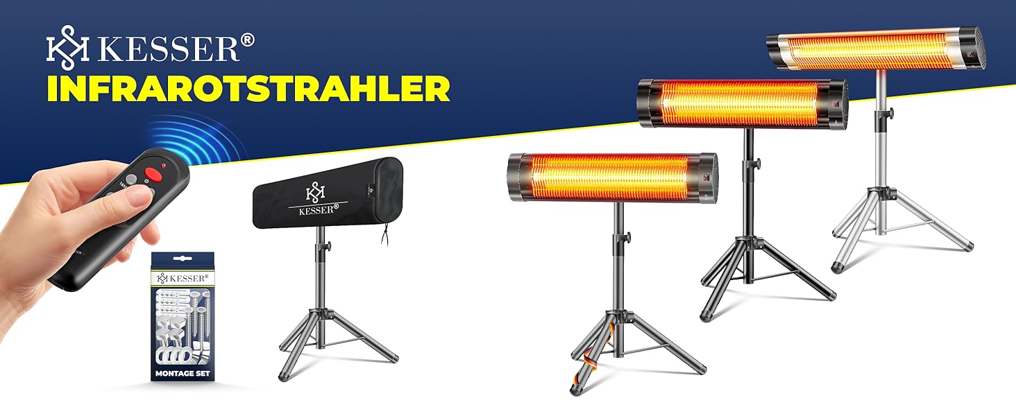 Інфрачервовий обігрівач KESSER® 2500W з пультком та захисним чохлом, телескопічна стійка, для тераси та вітальні