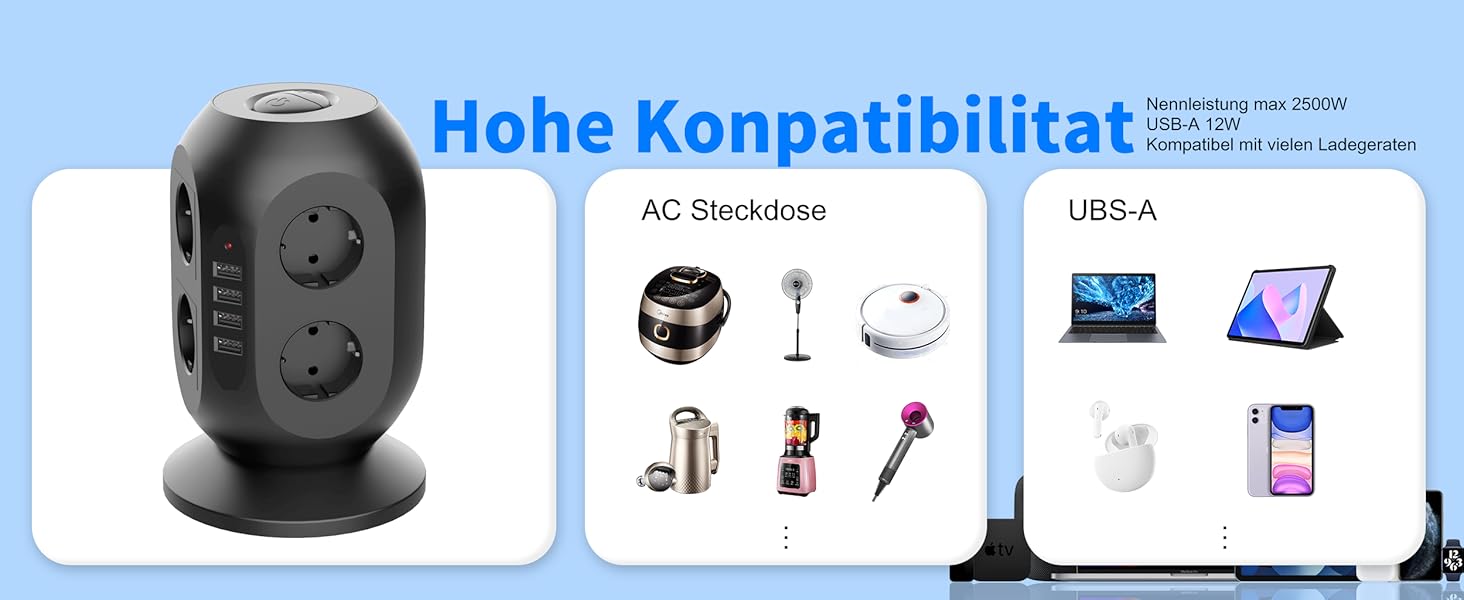 Багатофункціональна мережа живлення Colstar з 4 USB, 8 розеток, захистом від перенапруги, 2м кабелем, для дому та офісу, чорна