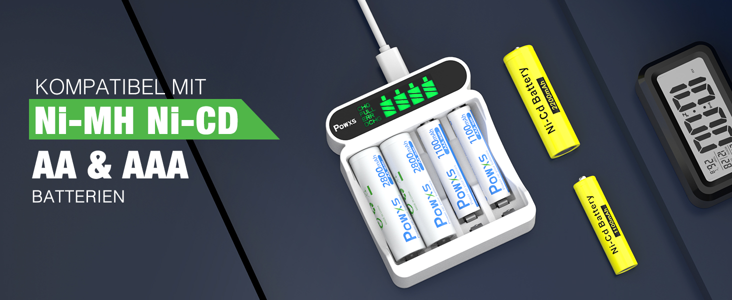 Зарядний пристрій POWXS для акумуляторів NI-MH NI-CD AA AAA з LCD-дисплеєм, універсальний, Micro USB & Type-C, безпечний