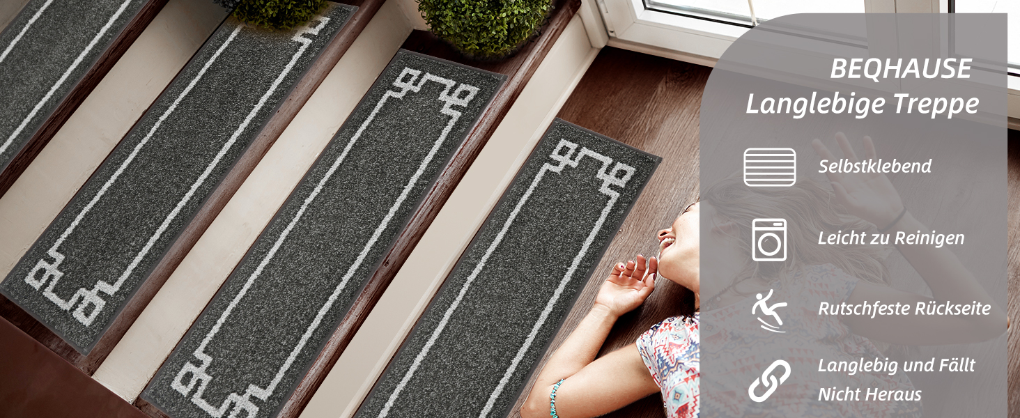 Килимочки на сходи BEQHAUSE, 4 шт., самоклеючі, для дітей, літніх людей та домашніх тварин, 100% поліестер, TPE-підкладка, 22x70 см, темно-сірий