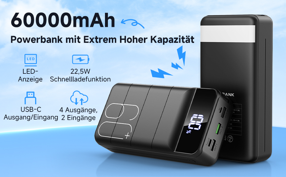 Power Bank 60000mAh 22.5W USB-C PD, Зовнішній акумулятор для смартфонів, планшетів, чорний