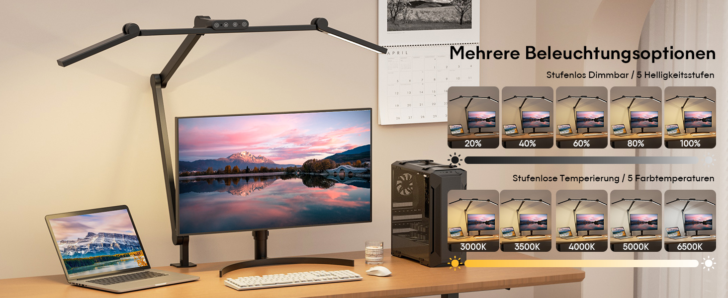 LED лампа настільна YOUKOYI: регульоване світло, 24W, 5 температур кольору, 5 рівнів яскравості, для роботи, навчання, дому, офісу, захист очей