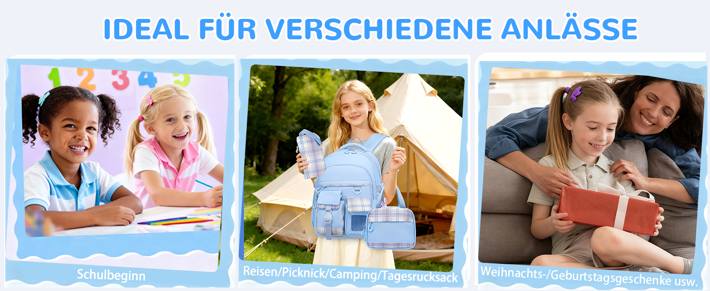 Шкільний рюкзак для дівчаток, водонепроникний та дихаючий, для 1-5 класів з відділенням для ноутбука, блакитний + ізольована ланч-сумка + пенал