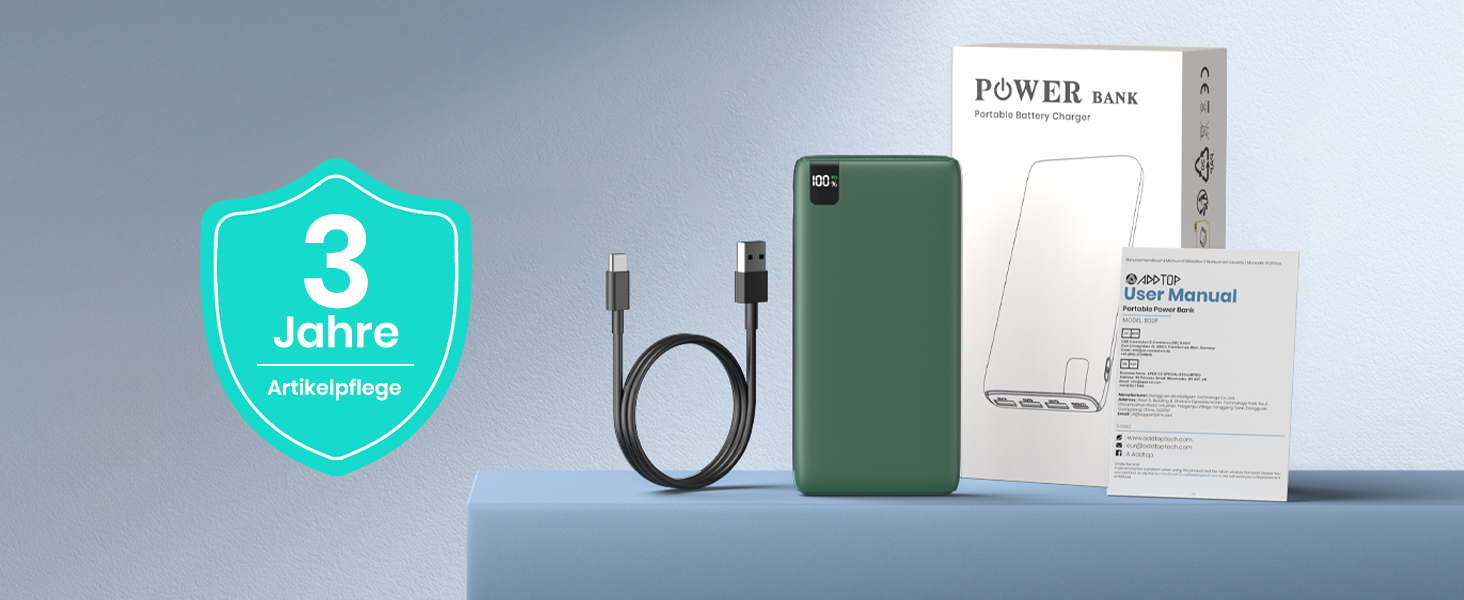 Power Bank ADDTOP 20000mAh 22.5W: Зовнішній акумулятор USB-C для iPhone 17/16/15/14/13/12/11, Samsung Galaxy, швидка зарядка, LED-індикатор, зелений