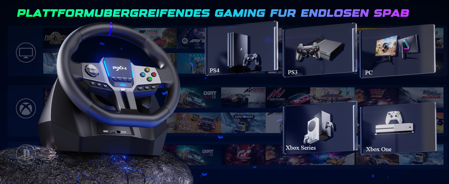 PXN V9 Gen2 Ігрове кермо для ПК, Xbox та PS4 з педалями та перемикачем передач, 270° оберт, 900° кут повороту, ефект Холла, вібрація