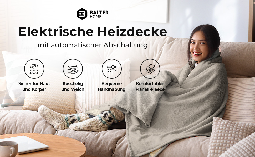 Електрична ковдра Balter з автоматичним вимкненням - 10 режимів нагріву та таймер до 10 годин - М'який фланель та плюш - Ковдра для обігріву (Сірий, 160x120 см)