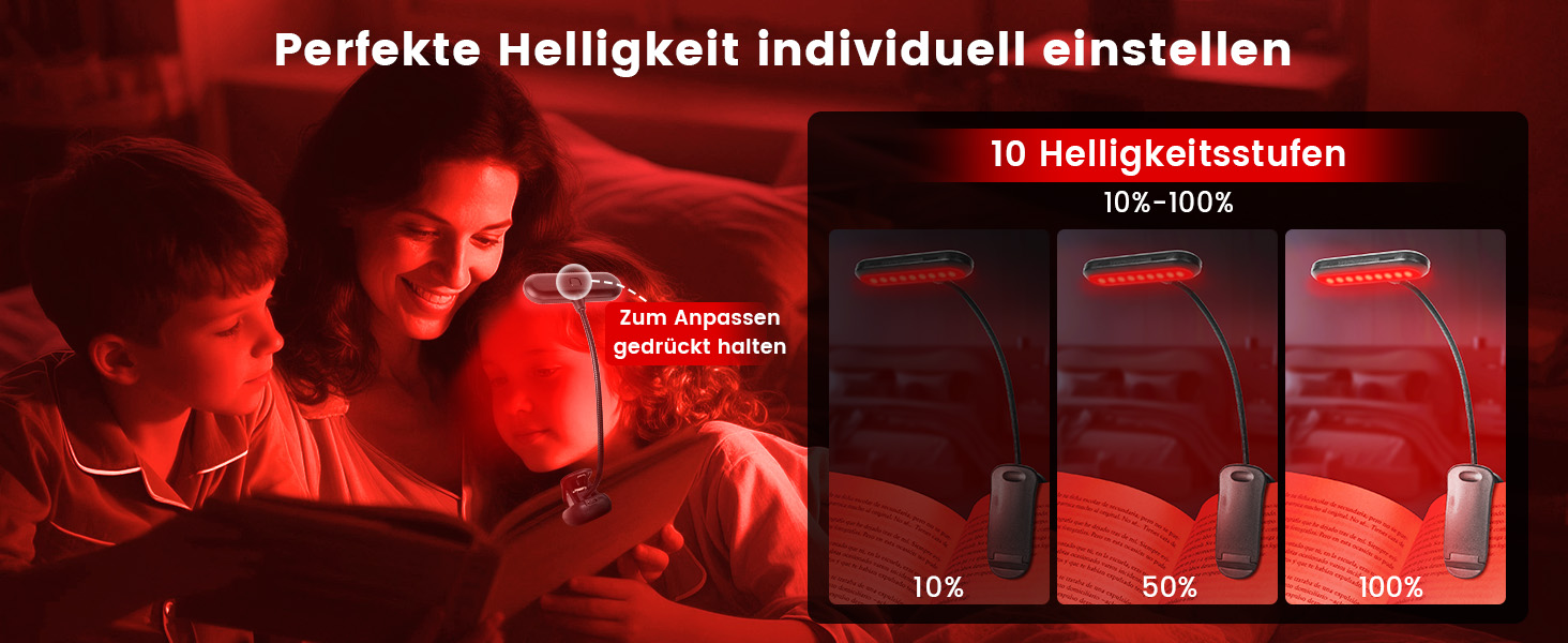 Ліхтарик для читання з червоним світлом 670 нм, кліпса на книгу, з функцією пам'яті, димування та USB-зарядкою. Без синього світла, портативний, для ліжка та захисту очей.