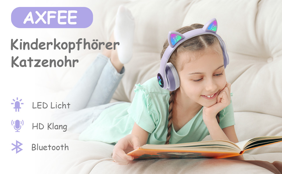 Дитячі навушники AXFEE з Bluetooth, Over-Ear, котячі вушка, LED-підсвітка, мікрофон, Micro SD/TF, рожеві