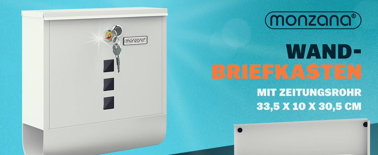 Поштовий ящик Monzana Kreuzschloss з мідним циліндром, поворотна кришка 31x10x34 см, вікно, табличка для імені, відділ для газет, сталь, 2 ключі, чорно-срібний (білий)
