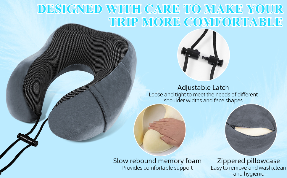 Подушка для шиї у вигляді їжачка Memory Foam для подорожей, дорослі, з навушниками, маскою для очей та сумкою, м'яка, дихаюча, для авто, літака, кемпінгу, офісу, блакитна