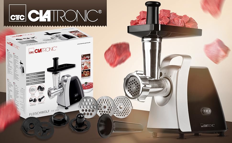 М'ясоподрібнювач Clatronic® Fleischwolf 1000W з насадкою для печива та фігурного тіста | 3 металевих диска | Функція прямого та зворотного ходу | Насадка для фаршу | Металевий корпус та шнек | FW 3803 з нержавіючої сталі *Модель 2024*