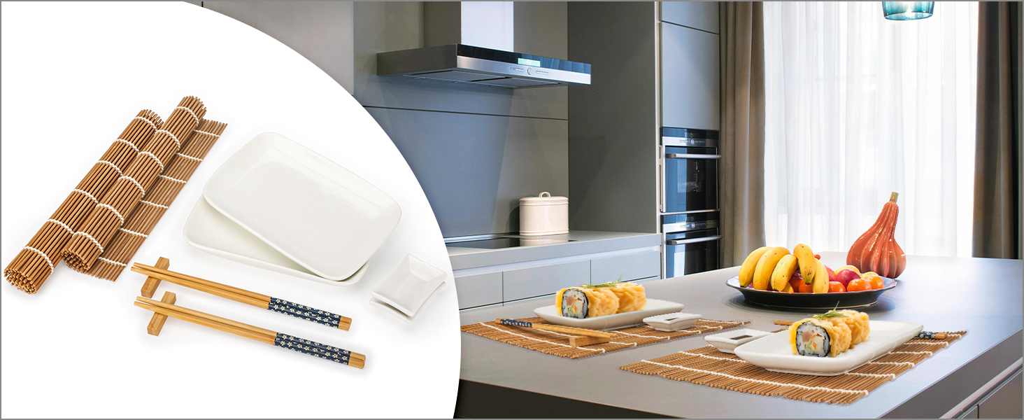 Набір для суші Exzact (10 шт.) – 2 тарілки, 2 миски для соусу, 2 підставки під столові прилади, 2 пари паличок для їжі – високоякісний фарфор, у подарунковій коробці – блакитний колір