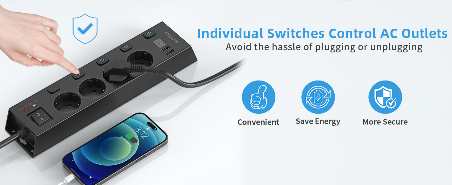 Мережевий фільтр Steckdoseleiste з індивідуальним керуванням, 5 розеток, настінний монтаж, захист від перенапруги 1050 Дж, для дому та офісу, кабель 2 м (4 розетки з USB, чорний)