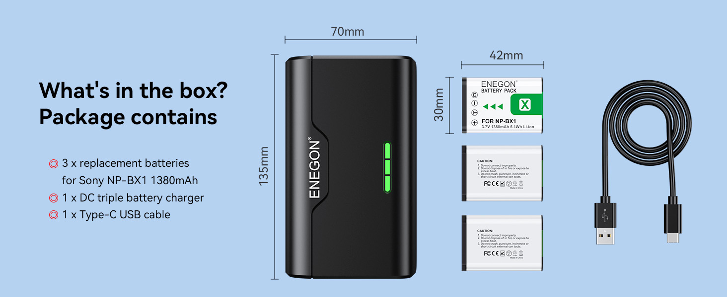 ENEGON Акумулятори NP-BX1 (3 шт) 1380mAh + Зарядний пристрій для Sony DSC-RX100, ZV-1/II, HDR-CX405