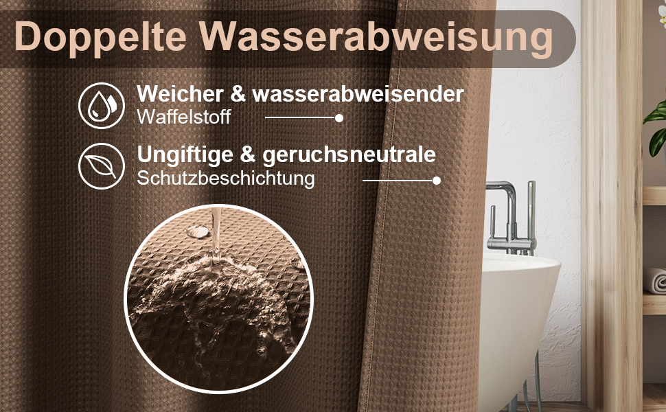 Штора для ванної кімнати Waffel з кільцями, тканинна, водовідштовхувальна, антигрибкова, 182x182 см, біла (Waffel - коричневий, 244x182 см)