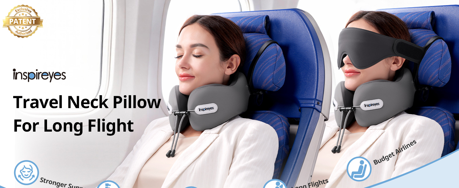 Подушка для шиї у літак з ременем безпеки та 3D маскою для сну, блакитна. Підтримка шиї та голови, високоякісний пінополіуретан, запобігає нахилу голови.