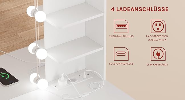 Туалетний столик WOLTU з LED-підсвіткою, дзеркалом, 2 USB-портами, 2 шухлядами та 4 відкритими полицями, білий, для макіяжу і спальні