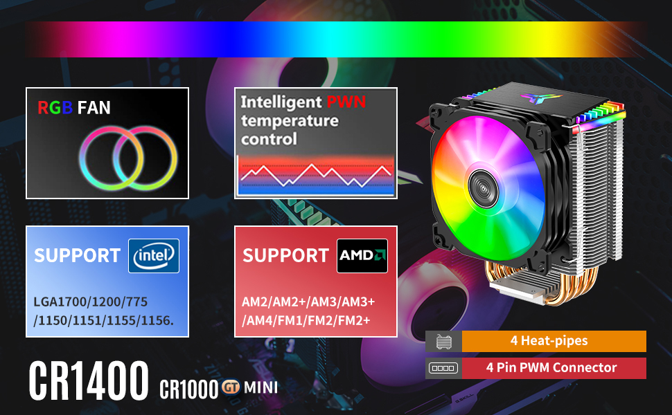 Охолоджувач CPU TZMRIT MR-CR1400 RGB: 4 теплові трубки, RGB вентилятор 126 мм, PWM 92 мм, для AMD Ryzen/Intel LGA 1700 115X
