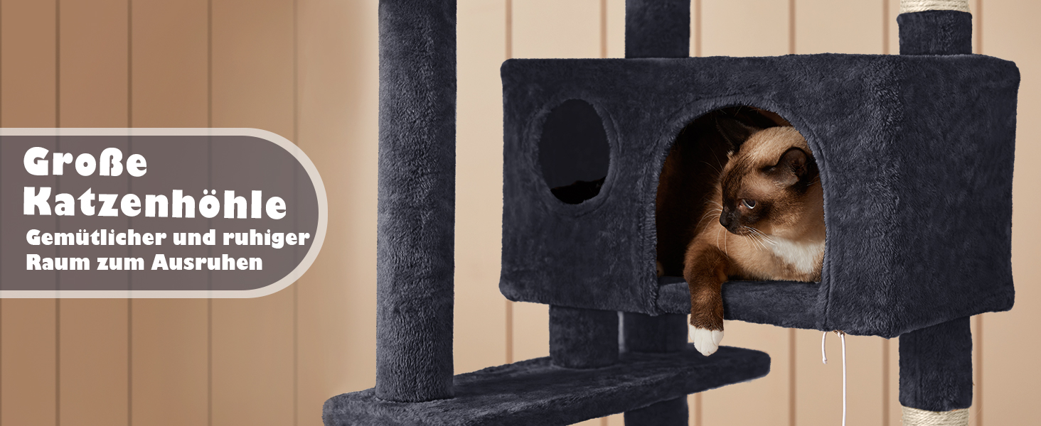 Кігтеточка-кольоротка Yaheetech 139 см, стабільна з 3 платформами, 3 стовпчиками, 2 печерами, плюшеві кульки, чорний колір