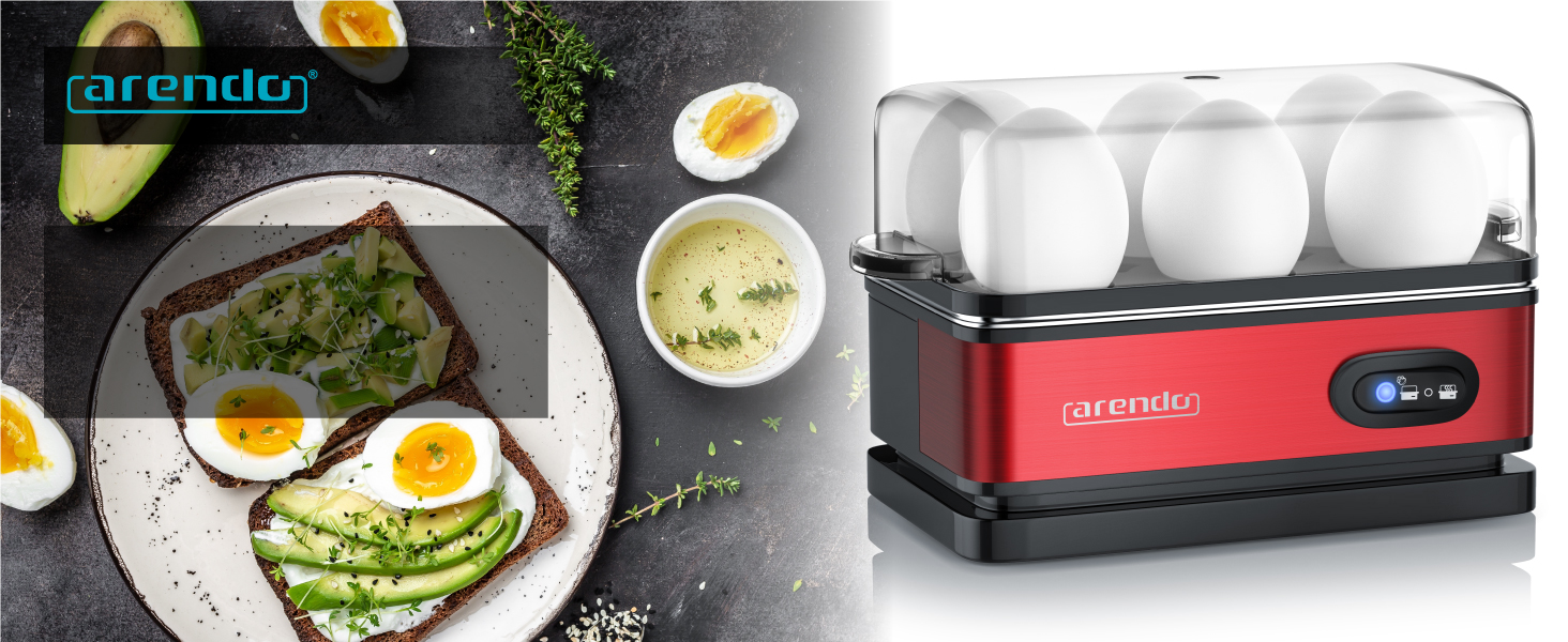Електричний яйцеварка Arendo з нержавіючої сталі з підігрівом, регулюванням ступеня готовності та індикатором, червоний