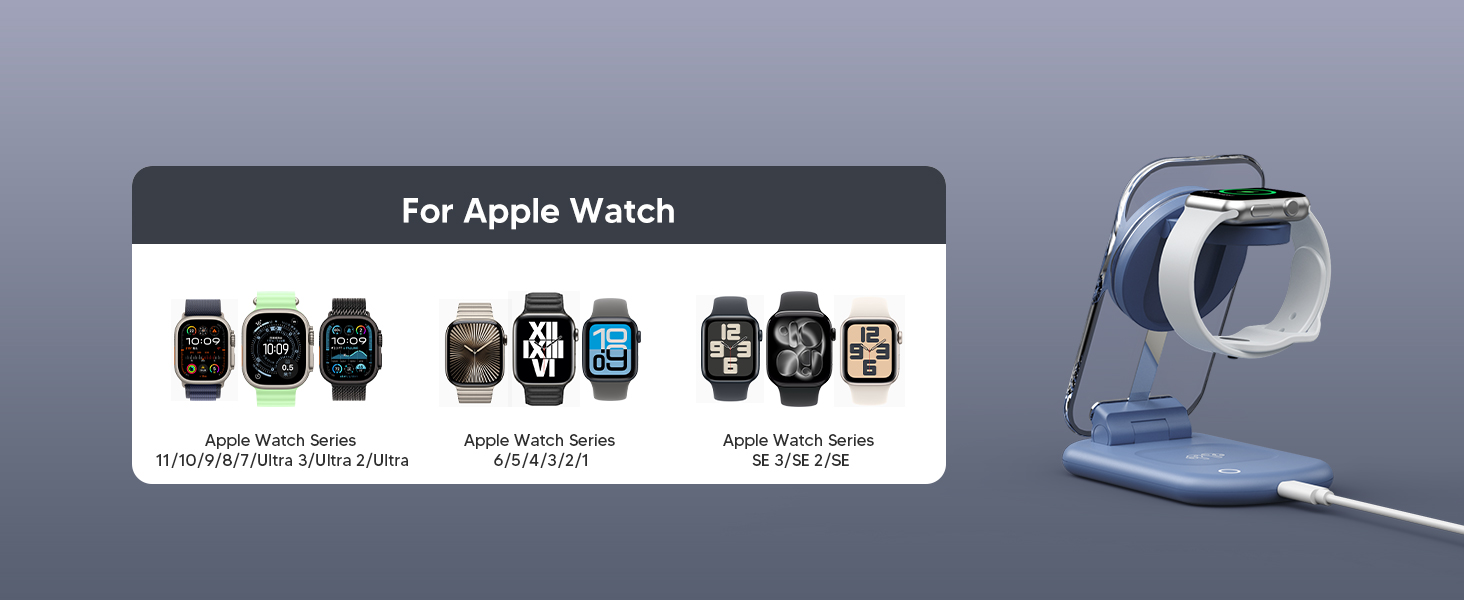 Підставка для зарядки MagSafe 3-в-1 для iPhone 17/16/15/14/13/12 Pro Max/Air/Plus/Pro та Apple Watch 10/9, AirPods 3/2/Pro (блакитна)