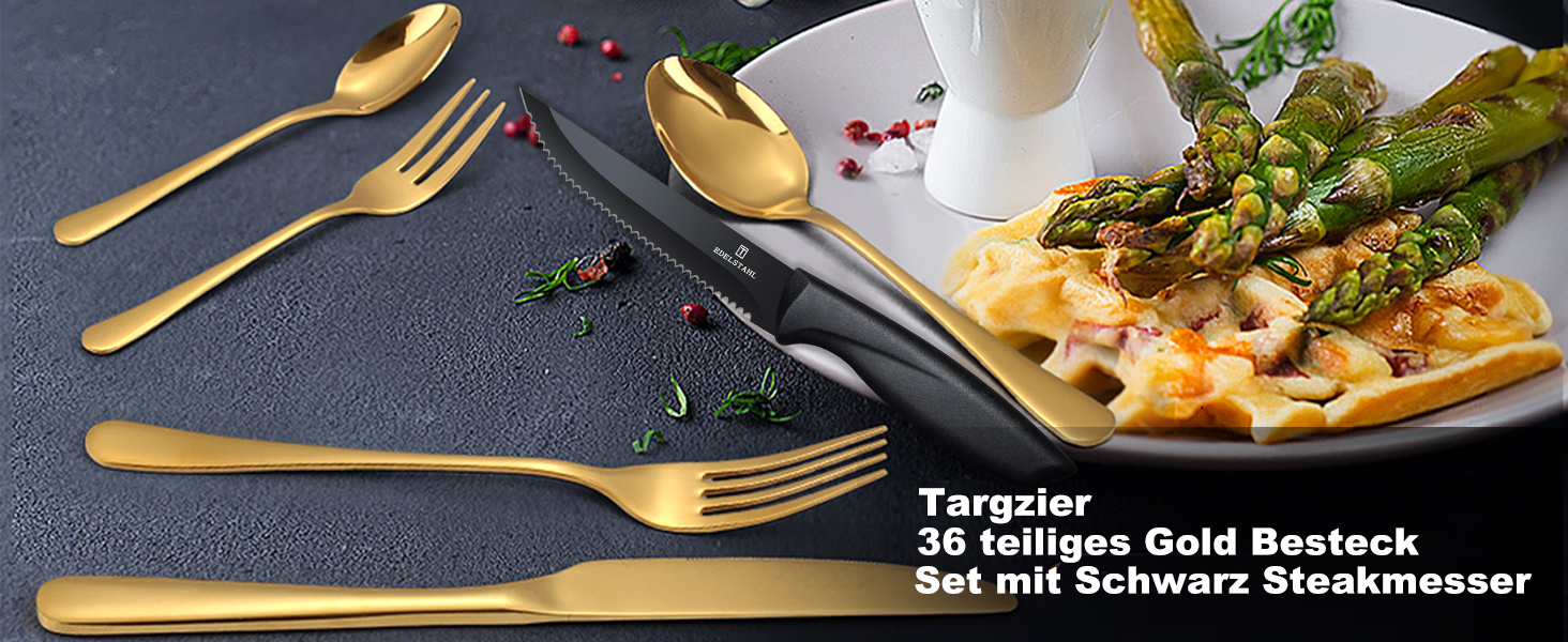 Набір столових приборів на 6 осіб, Targzier, 36 предметів, нержавіюча сталь, з ножем для стейку, високоякісний столовий прибор, ложки, виделки, ножі для сім'ї/вечірки/готелю, чорний, придатний для миття в посудомийній машині, 36 предметів, золотий прибор та чорний ніж для стейку