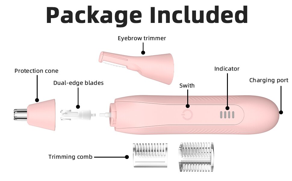 Триммер для носа та вух для жінок: безболісний, USB, 2-в-1, рожевий