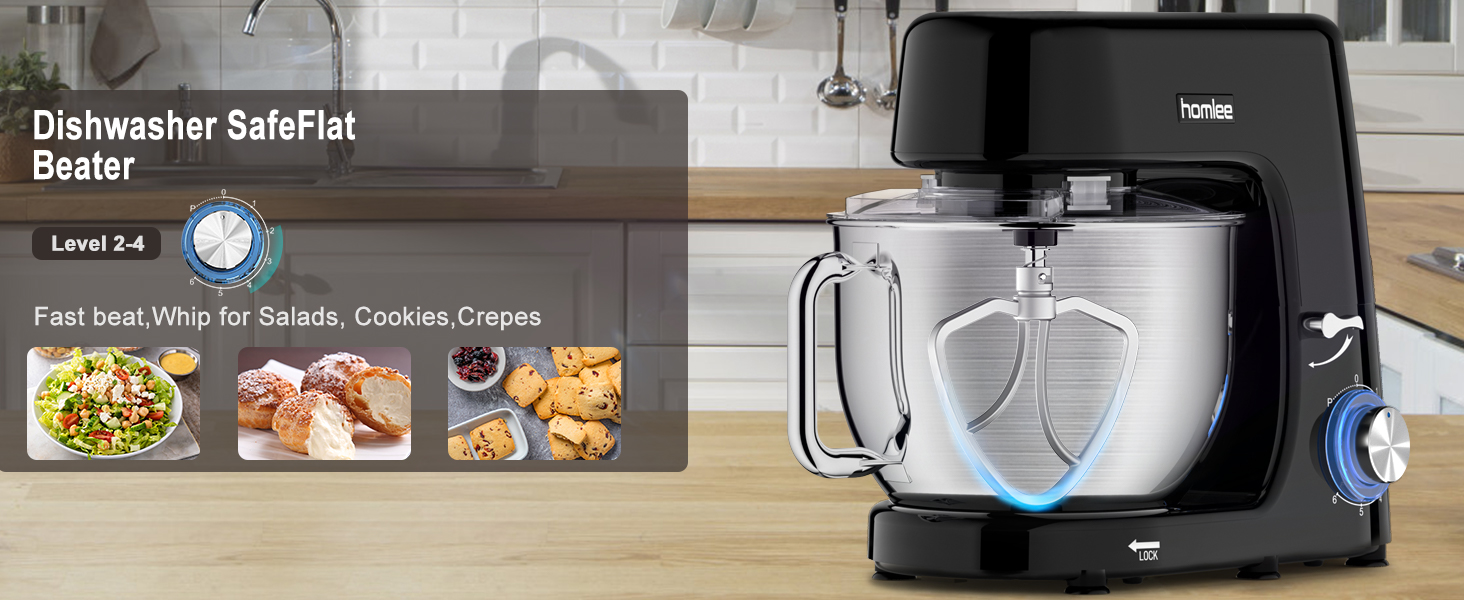 Кухонна машина-міксер 1800W з чашею 7.2L з нержавіючої сталі, 6 швидкостей, низький шум, мультифункціональна (міксер, гак для тіста, вінчик), з кришкою, чорний