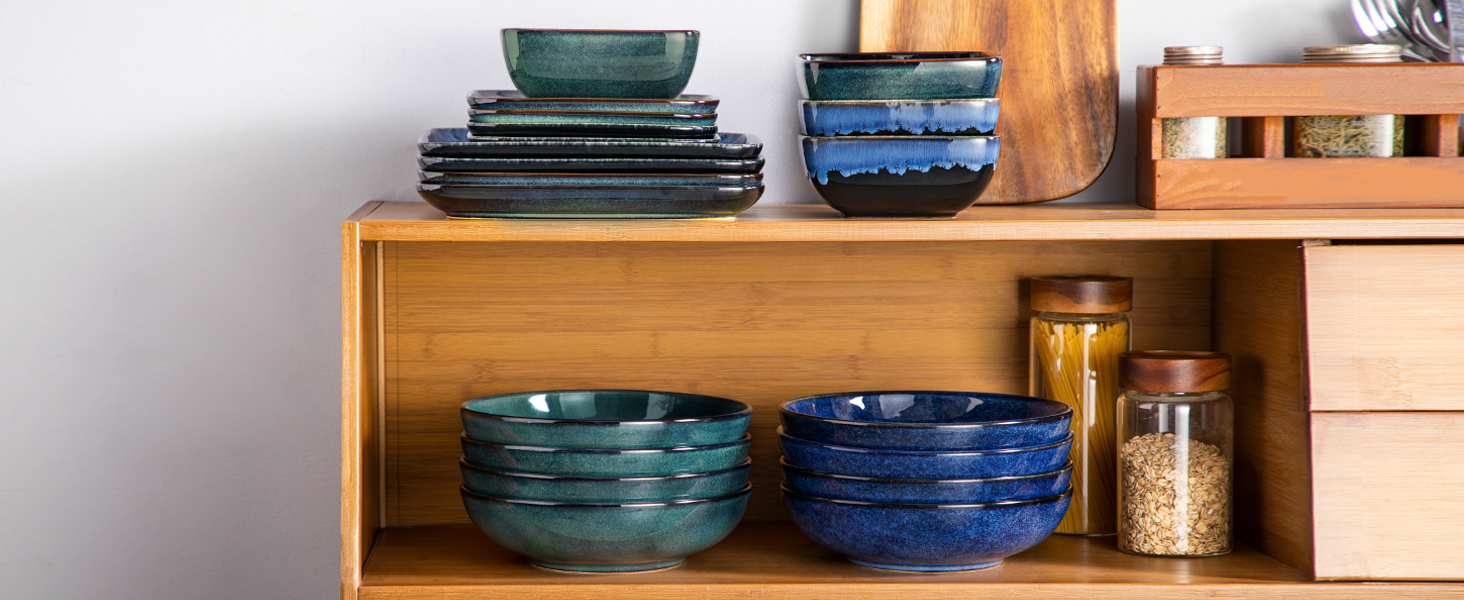 Набір тарілок для супу Vancasso Bonbon (6 шт.), супові миски з кераміки, 21,7 x 5,5 см, великі глибокі тарілки для пасти, локшини, рамен, салату, придатні для миття в посудомийній машині та використання в мікрохвильовій печі (зелені)