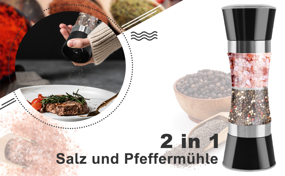 Мельниця для солі та перцю 2-в-1 Cyiecw, ручна, з регульованою керамічною млиночкою, з можливістю поповнення, нержавіюча сталь, срібна
