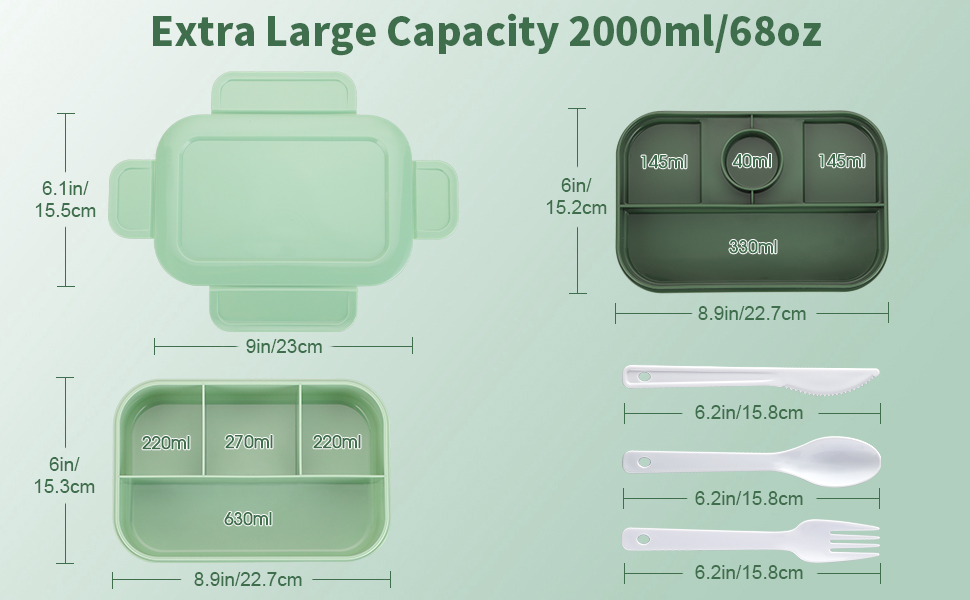 Ланчбокс Sinnsally для дорослих, 2000 мл з відділеннями, бенто-бокс, ланчбокс з посудом, виїздний ланчбокс, виїздний ланчбокс, герметичний ланчбокс, ланчбокс для сніданку, зелений