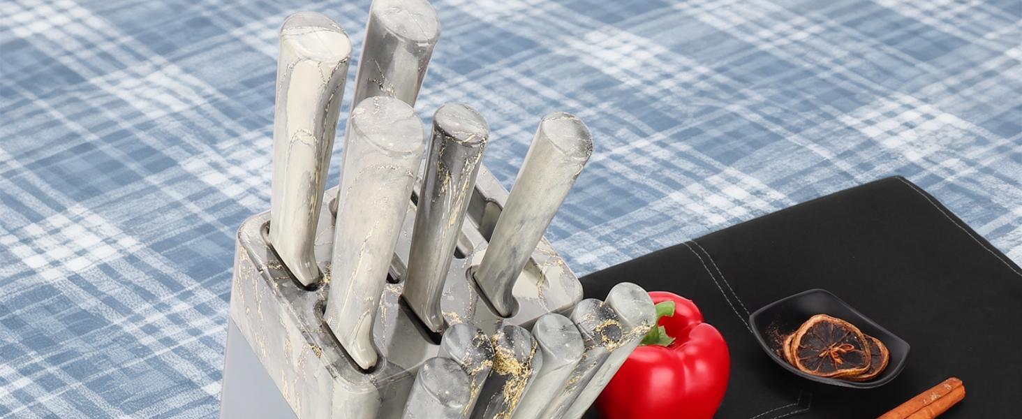 Набір кухонних ножів Messerblock з 16 частинами, з дерев'яною підставкою, дощечкою, захистом пальців, точилкою та кухонними ножицями, професійний набір ножів для дому (зелений, блакитний)