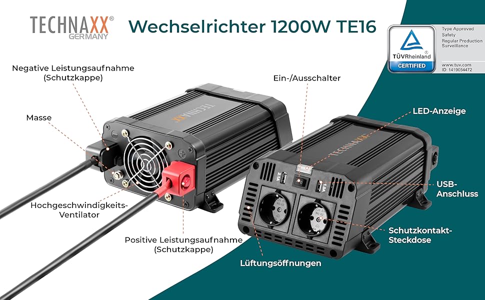 Автомобільний інвертор Technaxx TE16 12В-230В, 1200Вт/2400Вт, 2x Schuko, 2x USB, TÜV Rheinland, перетворювач напруги