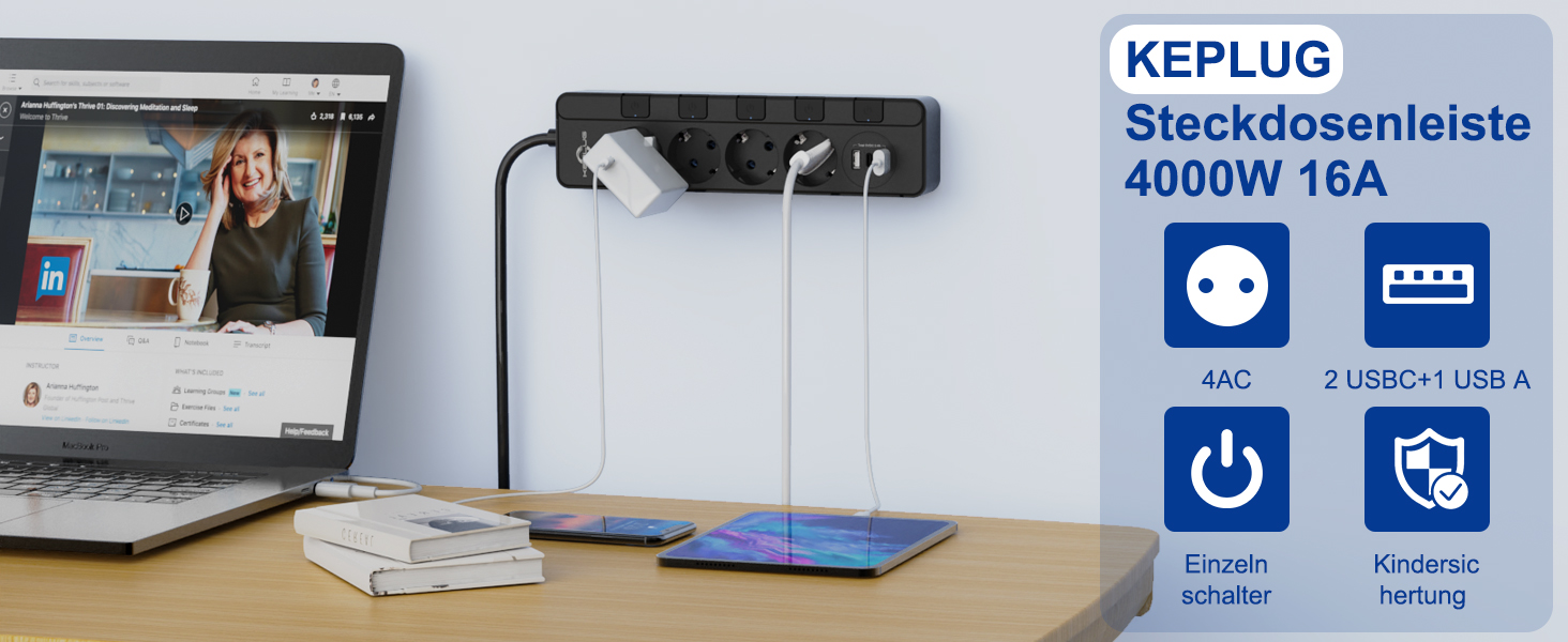 Мережевий фільтр KEPLUG з USB (4000W, 16A) - 6 розеток, 3 USB, індивідуальне вмикання, захист від дітей, 2м кабель, чорний