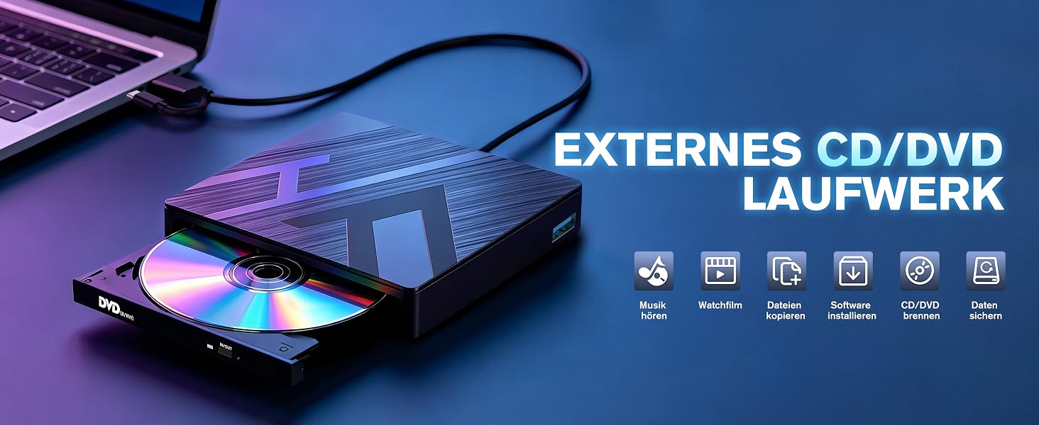 Зовнішній CD/DVD привід varkda USB 3.0 та USB-C, портативний оптичний накопичувач та записувач для ноутбука, ПК, Mac, Windows, Linux (8 в 1, чорний)