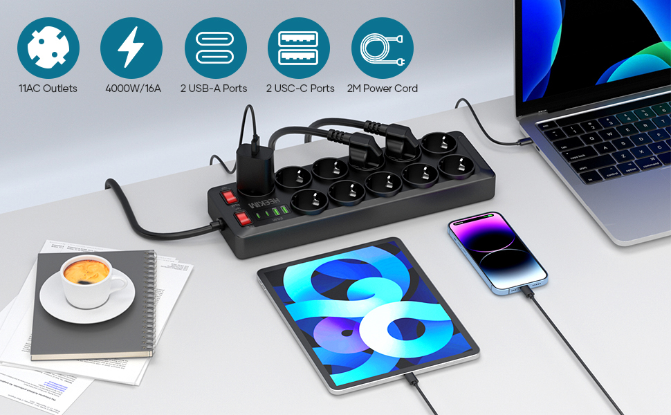 Многорозетка з USB, 11 розеток, з вимикачем, 2 USB-A та 2 USB-C порти, 4000W, 16A, 2M кабель, для дому, школи, офісу - Чорний