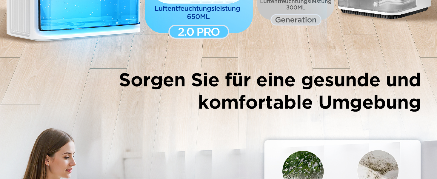 Електричний осушувач повітря тихий Pro-2000ml, 2000 мл, до 650 мл/день, для спальні, ванної кімнати, дому, білий