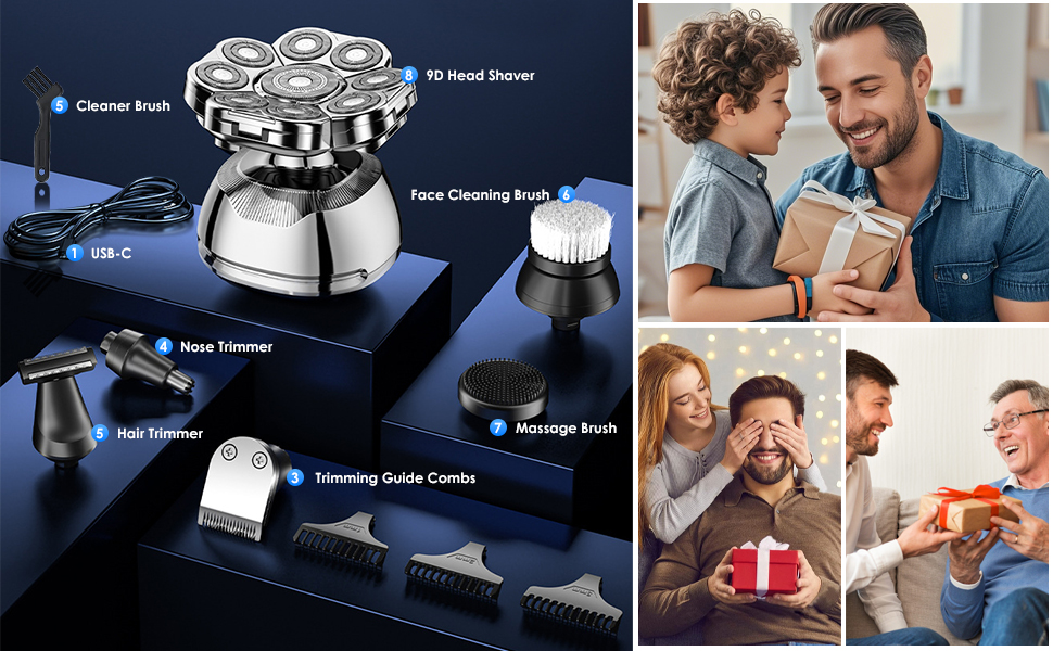 Електричний гостростример для голивної голови Glatzen, 6-в-1, з плаваючою насадкою 9D, IPX7 водонепроникний, LED дисплей, Type-C, для чоловіків