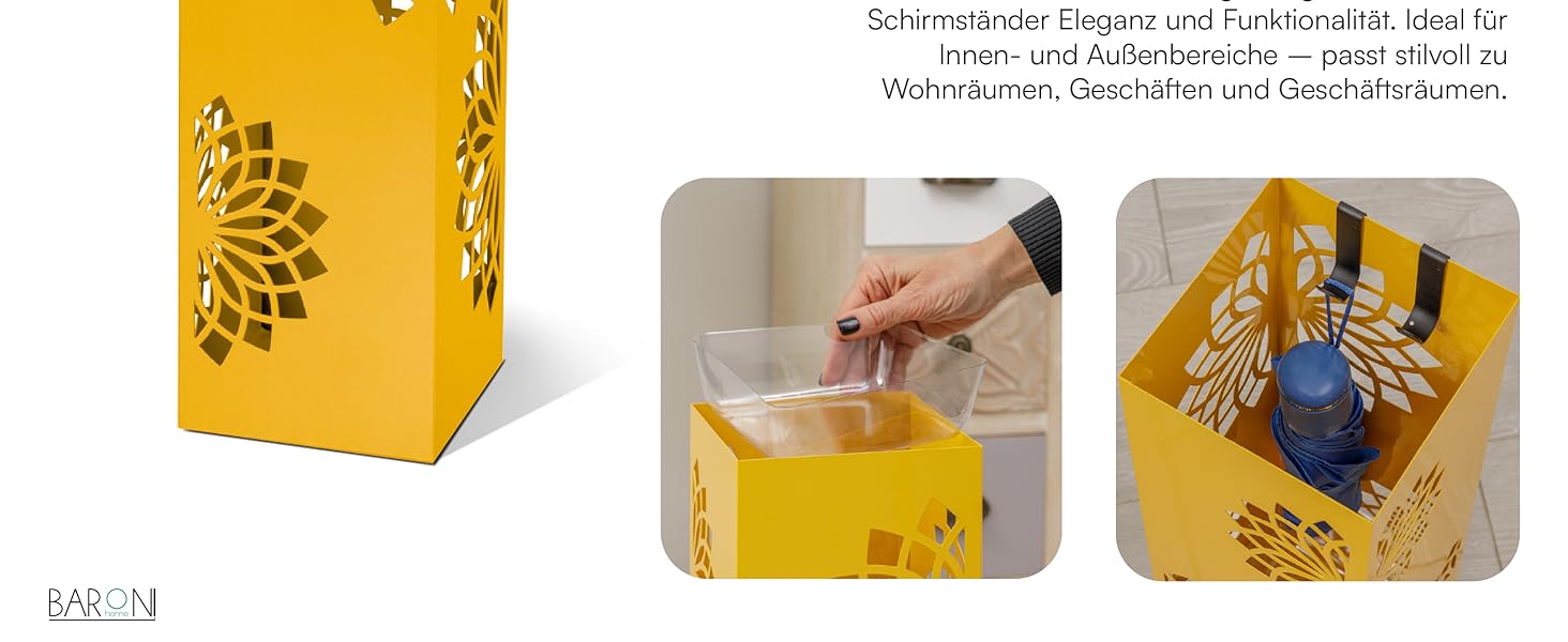 Підставка для парасольки Baroni Home з сучасним дизайном, металева з мандалою, 2 гачки та знімна ємність для збору води, 16 x 16 x 49 см, зелений (жовтий)