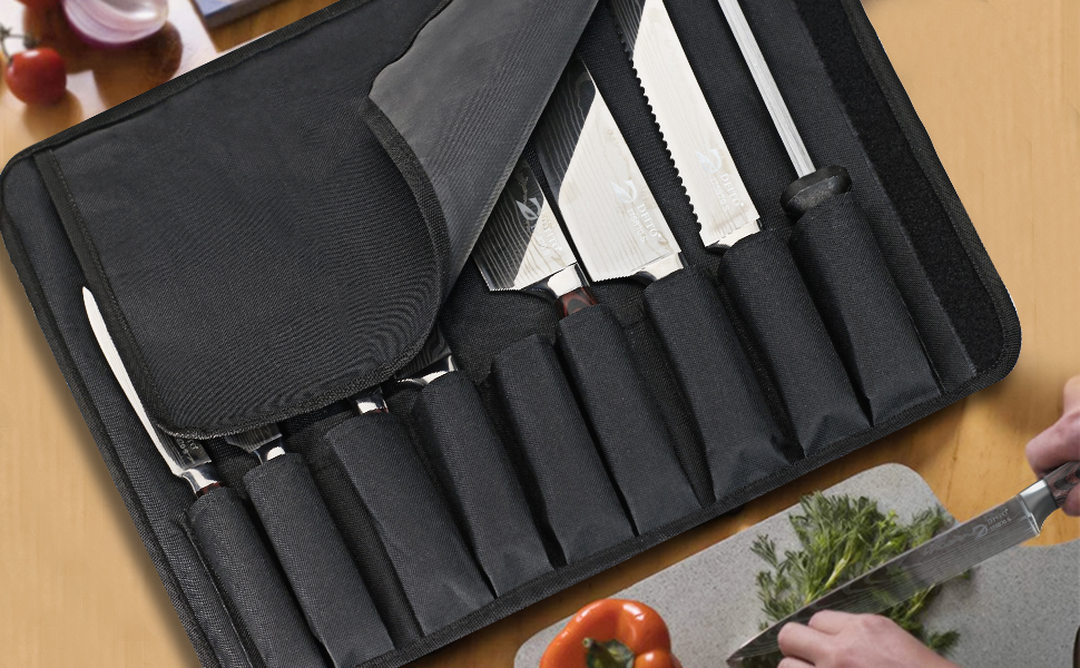 Набір кухонних ножів Dfito, 8 предметів, професійний, з роллю, з високоякісної нержавіючої сталі, для шеф-кухаря, гострі, з червоною ручкою